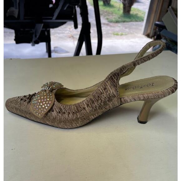 Sling Back Kitten Heels Champaign Embellished Bow Whimsical Dress Shoes Fairy - Picture 7 of 12